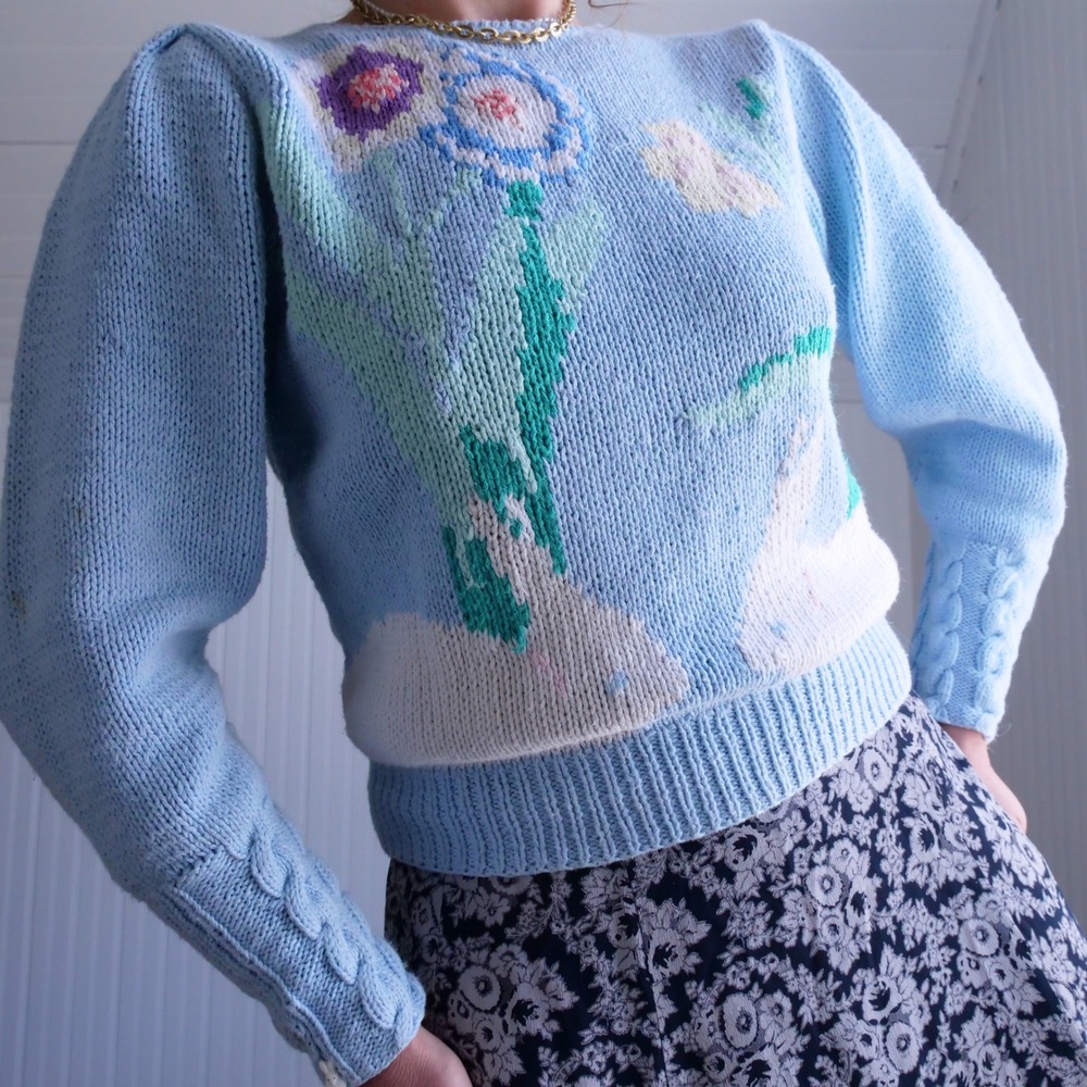 Vintage‎ 1990s Eagle's Eye adorable pastel bunny cotton/ramie handknit sweater
